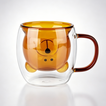 Blown Double Wall Amber Glass Coffee Mug Insulated Tea Cup with Handle for Home Office Café Use