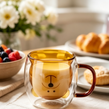 Blown Double Wall Amber Glass Coffee Mug Insulated Tea Cup with Handle for Home Office Café Use