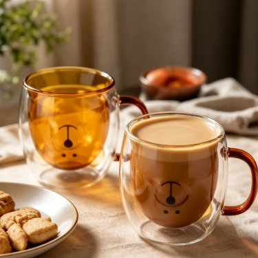 Blown Double Wall Amber Glass Coffee Mug Insulated Tea Cup with Handle for Home Office Café Use