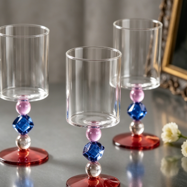 Hand Blown Artistic Glass Goblet Colorful Geometric Stem Wine Cocktail Cup for Home Bar Restaurant Decoration Use