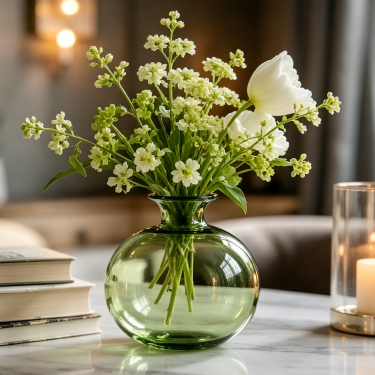 Modern Green Blown Glass Vase Round Decorative Flower Holder Minimalist Nordic Centerpiece Vase for Home Wedding Decoration