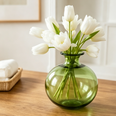 Modern Green Blown Glass Vase Round Decorative Flower Holder Minimalist Nordic Centerpiece Vase for Home Wedding Decoration