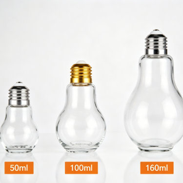 Creative Light Bulb Shape Glass Beverage Bottle Clear Juice Milk Tea Coffee Packaging Container with Metal Screw Cap
