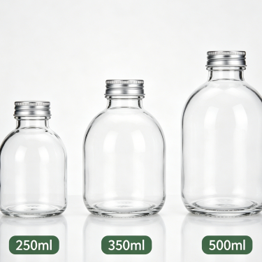 Classic Round Glass Beverage Bottle Clear Juice Milk Tea Coffee Packaging Container with Wide Mouth Reusable Design