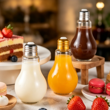 Creative Light Bulb Shape Glass Beverage Bottle Clear Juice Milk Tea Coffee Packaging Container with Metal Screw Cap