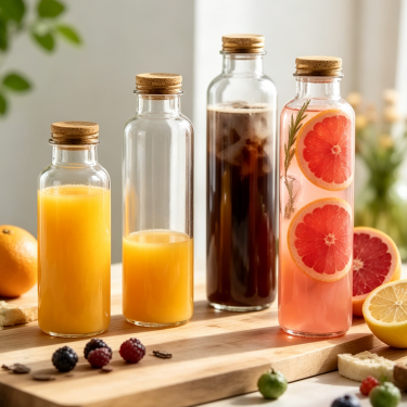 Premium Clear Glass Beverage Bottle with Metal Cap for Juice Tea Water Coffee Milk Packaging 250ml 390ml 500ml