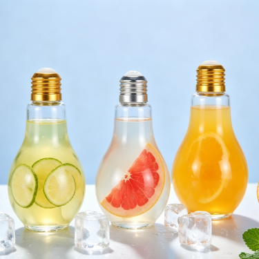Creative Light Bulb Shape Glass Beverage Bottle Clear Juice Milk Tea Coffee Packaging Container with Metal Screw Cap