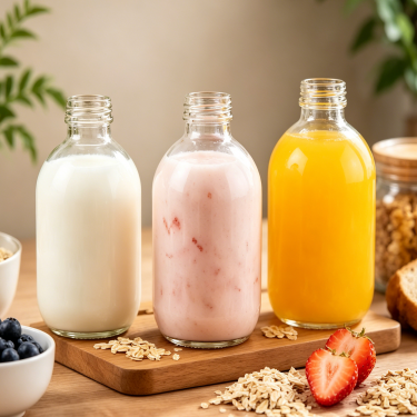Classic Round Glass Beverage Bottle Clear Juice Milk Tea Coffee Packaging Container with Wide Mouth Reusable Design