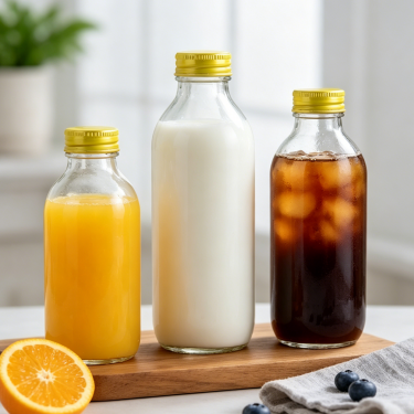 Clear Glass Beverage Bottle for Juice Milk Tea Water Cold Brew Drinks with Metal Cap Food Grade Packaging