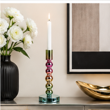 Luxury Rainbow Electroplated Glass Candle Holder Modern Decorative Taper Candle Stand for Wedding Dining Table Home Decor