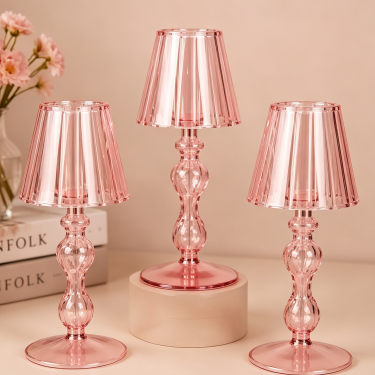 Pink Glass Decorative Candle Holder Elegant Table Lamp Style Candlestick Stand for Wedding Home Party Decoration