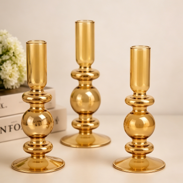 Elegant Amber Glass Taper Candle Holder Decorative Vintage Candlestick Stand for Wedding Dining Table Home Decoration