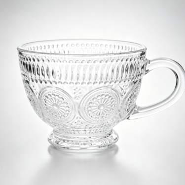 Vintage Embossed Glass Tea Cup Elegant Transparent Coffee Mug with Handle for Tea Latte Dessert Home Café Use