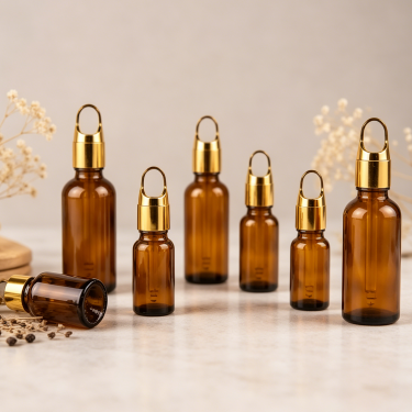 Amber Glass Essential Oil Bottle with Gold Dropper Cap Cosmetic Serum Container for Aromatherapy Skincare Packaging