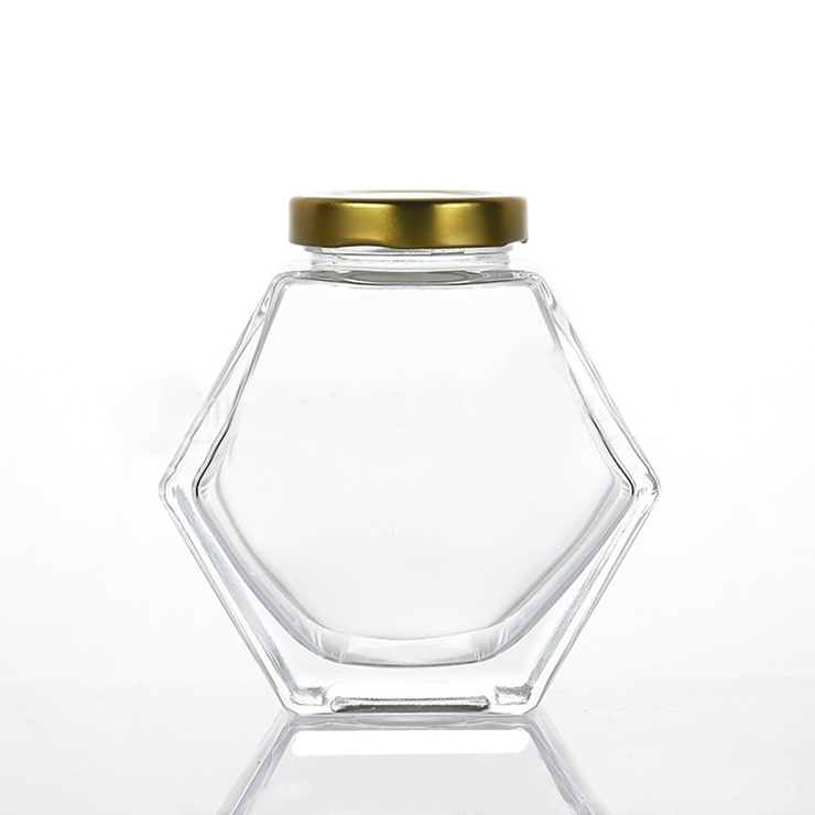 Hexagonal Glass Food Storage Jar Set with Metal Lid Clear Honey Jam Candy Nut Spice Container Available in Four Sizes