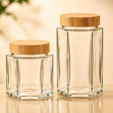 180ml 280ml Hexagon Glass Food Jar Clear Glass Storage Container With Natural Bamboo Lid For Honey Tea Food Packaging