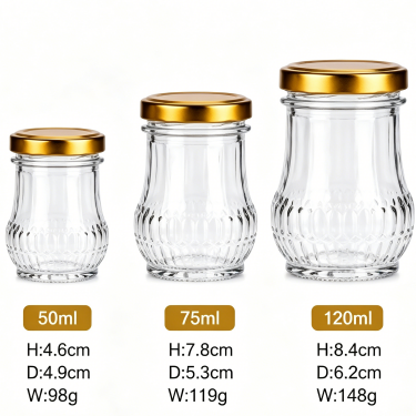 50ml 75ml 120ml Embossed Glass Food Jar Clear Glass Storage Container With Gold Metal Lid For Jam Honey Packaging