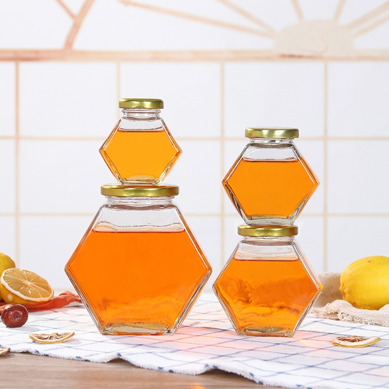 Hexagonal Glass Food Storage Jar Set with Metal Lid Clear Honey Jam Candy Nut Spice Container Available in Four Sizes