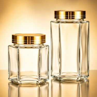 180ml 280ml Hexagon Glass Food Jar Clear Glass Storage Container With Gold Metal Lid For Honey Jam Food Packaging