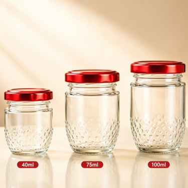 40ml 75ml 100ml Mini Glass Food Jar Clear Glass Storage Container With Red Metal Lid For Jam Honey Packaging