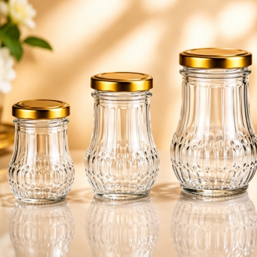 50ml 75ml 120ml Embossed Glass Food Jar Clear Glass Storage Container With Gold Metal Lid For Jam Honey Packaging