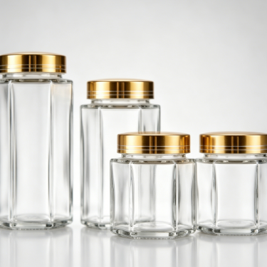 180ml 280ml Hexagon Glass Food Jar Clear Glass Storage Container With Gold Metal Lid For Honey Jam Food Packaging