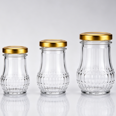50ml 75ml 120ml Embossed Glass Food Jar Clear Glass Storage Container With Gold Metal Lid For Jam Honey Packaging