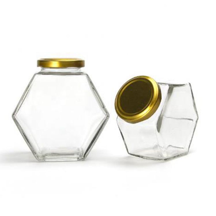 Hexagonal Glass Food Storage Jar Set with Metal Lid Clear Honey Jam Candy Nut Spice Container Available in Four Sizes