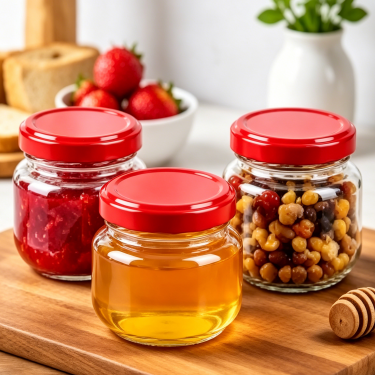 Round Clear Glass Food Jar with Red Metal Lid Wide Mouth Food Storage Container for Jam Honey Sauce and Snacks