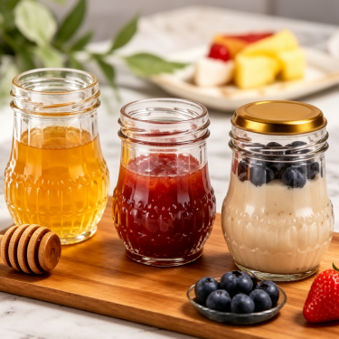 50ml 75ml 120ml Embossed Glass Food Jar Clear Glass Storage Container With Gold Metal Lid For Jam Honey Packaging