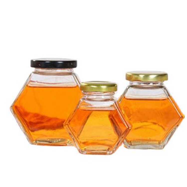 Hexagonal Glass Food Storage Jar Set with Metal Lid Clear Honey Jam Candy Nut Spice Container Available in Four Sizes