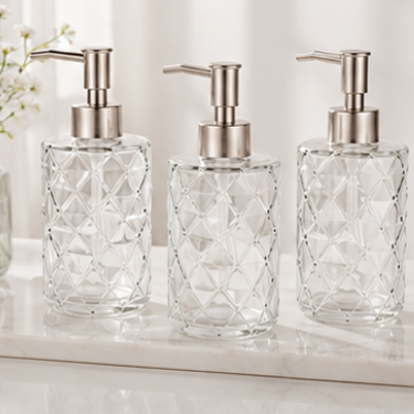 Luxury Embossed Glass Hand Soap Dispenser Bottle Refillable Lotion Pump Container Bathroom Kitchen Decorative Liquid Soap Bottle