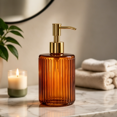 Luxury Amber Glass Hand Soap Bottle with Lotion Pump Vintage Ribbed Refillable Bathroom Kitchen Liquid Soap Dispenser