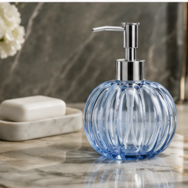 Elegant Blue Pumpkin Glass Hand Soap Bottle Refillable Lotion Dispenser with Premium Pump for Bathroom Kitchen Hotel and Spa Use