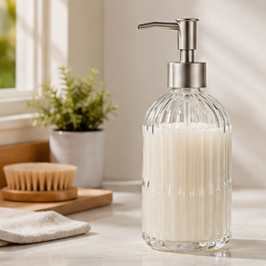 420ml Clear Ribbed Glass Hand Soap Dispenser Bottle Refillable Bathroom Kitchen Lotion Pump Bottle with Stainless Steel Pump