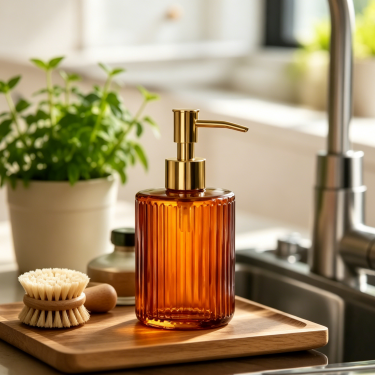 Luxury Amber Glass Hand Soap Bottle with Lotion Pump Vintage Ribbed Refillable Bathroom Kitchen Liquid Soap Dispenser