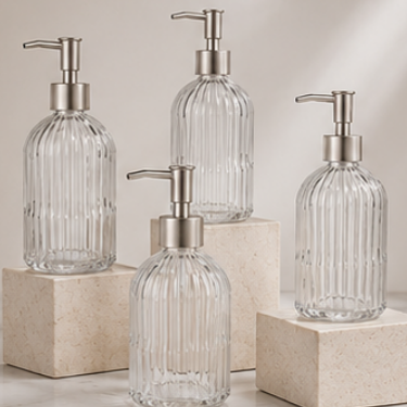 420ml Clear Ribbed Glass Hand Soap Dispenser Bottle Refillable Bathroom Kitchen Lotion Pump Bottle with Stainless Steel Pump