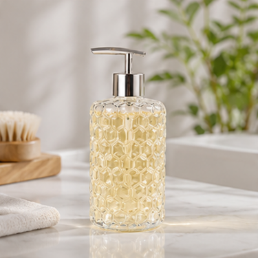 460ml Clear Honeycomb Glass Hand Soap Dispenser Bottle Refillable Bathroom Kitchen Lotion Pump Bottle with Stainless Steel Pump