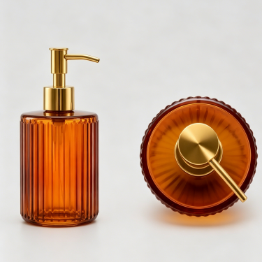 Luxury Amber Glass Hand Soap Bottle with Lotion Pump Vintage Ribbed Refillable Bathroom Kitchen Liquid Soap Dispenser