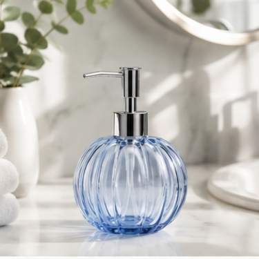 Elegant Blue Pumpkin Glass Hand Soap Bottle Refillable Lotion Dispenser with Premium Pump for Bathroom Kitchen Hotel and Spa Use