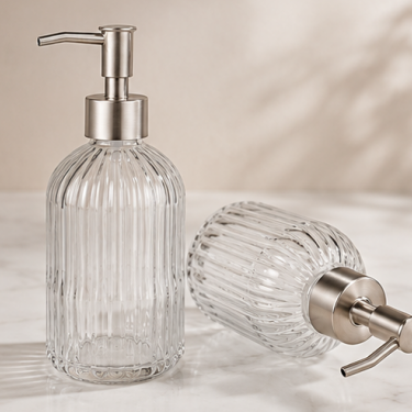 420ml Clear Ribbed Glass Hand Soap Dispenser Bottle Refillable Bathroom Kitchen Lotion Pump Bottle with Stainless Steel Pump