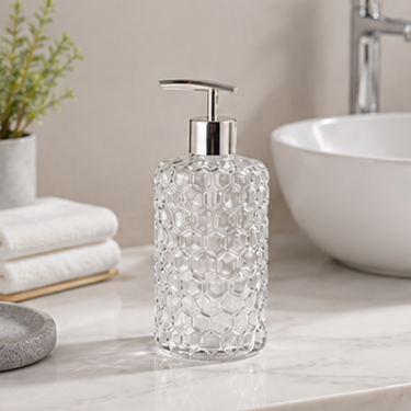 460ml Clear Honeycomb Glass Hand Soap Dispenser Bottle Refillable Bathroom Kitchen Lotion Pump Bottle with Stainless Steel Pump