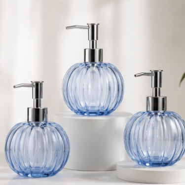 Elegant Blue Pumpkin Glass Hand Soap Bottle Refillable Lotion Dispenser with Premium Pump for Bathroom Kitchen Hotel and Spa Use