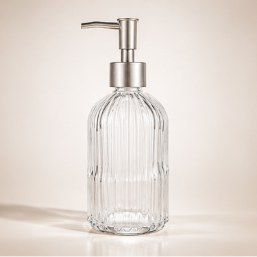420ml Clear Ribbed Glass Hand Soap Dispenser Bottle Refillable Bathroom Kitchen Lotion Pump Bottle with Stainless Steel Pump