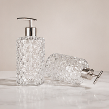 460ml Clear Honeycomb Glass Hand Soap Dispenser Bottle Refillable Bathroom Kitchen Lotion Pump Bottle with Stainless Steel Pump