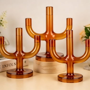 Modern Amber Glass Triple Candle Holder Sculptural Candlestick Stand Decorative Centerpiece for Home Wedding Dining Table