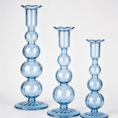 Tall Blue Glass Candle Holder Elegant Vintage Candlestick Stand Decorative Table Centerpiece for Wedding Home Decoration