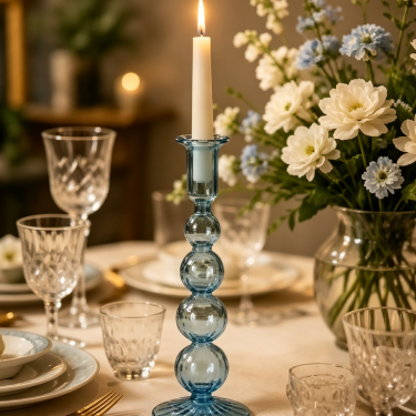 Tall Blue Glass Candle Holder Elegant Vintage Candlestick Stand Decorative Table Centerpiece for Wedding Home Decoration