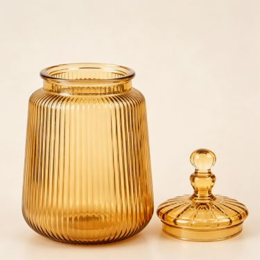 Luxury Amber Ribbed Glass Food Storage Jar with Lid Decorative Kitchen Canister Candy Cookie Tea Coffee Container