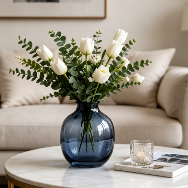 Modern Smoke Blue Glass Vase Decorative Flower Vase Elegant Round Bud Vase for Home Wedding Table Decoration